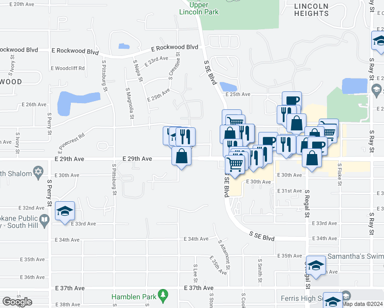 map of restaurants, bars, coffee shops, grocery stores, and more near 2231 East 29th Avenue in Spokane