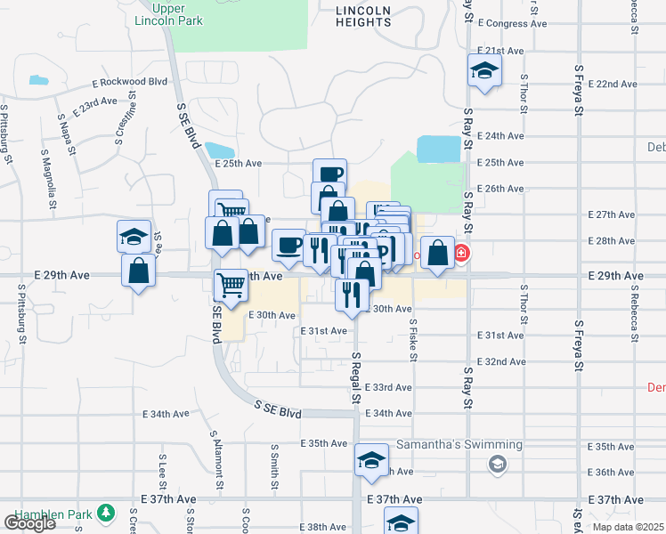 map of restaurants, bars, coffee shops, grocery stores, and more near 2903 East 29th Avenue in Spokane