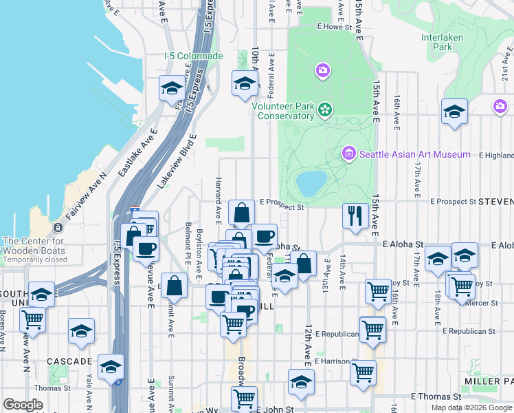 map of restaurants, bars, coffee shops, grocery stores, and more near 956 10th Avenue East in Seattle