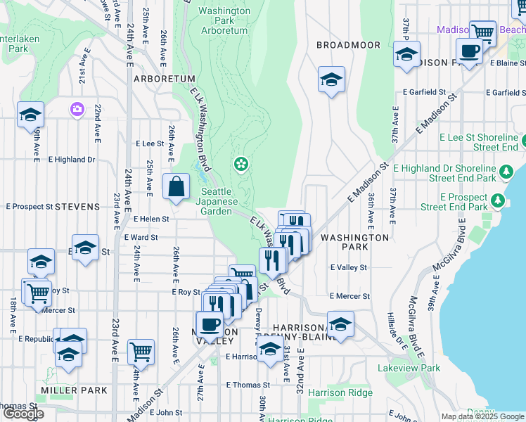 map of restaurants, bars, coffee shops, grocery stores, and more near 1101 Washington Place East in Seattle