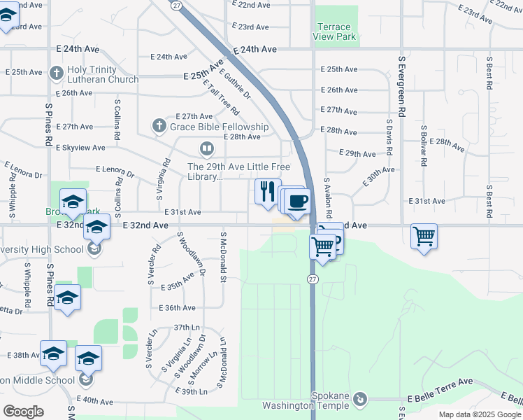 map of restaurants, bars, coffee shops, grocery stores, and more near 13221 East 32nd Avenue in Spokane Valley