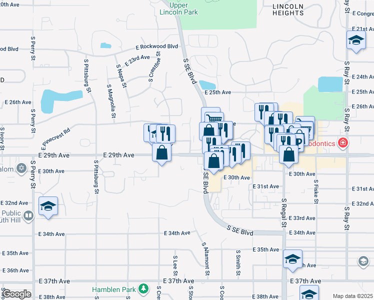 map of restaurants, bars, coffee shops, grocery stores, and more near 2410 East 29th Avenue in Spokane