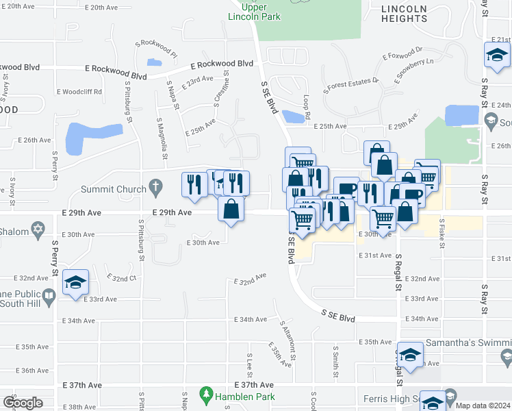 map of restaurants, bars, coffee shops, grocery stores, and more near 2300 East 29th Avenue in Spokane