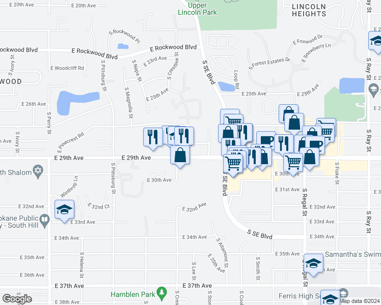 map of restaurants, bars, coffee shops, grocery stores, and more near 2300 East 29th Avenue in Spokane
