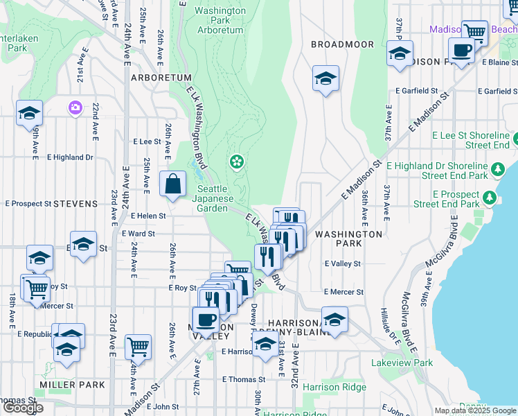 map of restaurants, bars, coffee shops, grocery stores, and more near 1101 Washington Place East in Seattle