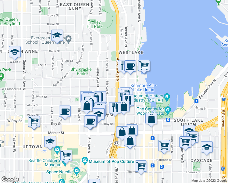 map of restaurants, bars, coffee shops, grocery stores, and more near 610 Ward Street in Seattle