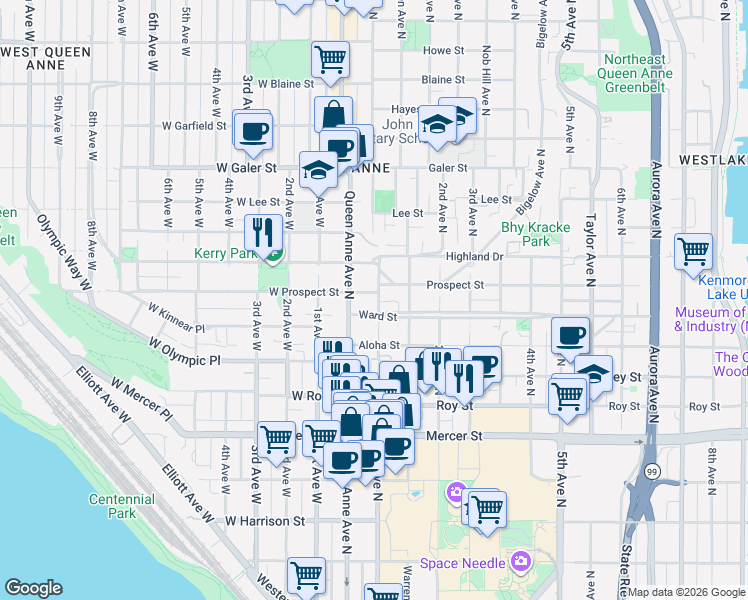 map of restaurants, bars, coffee shops, grocery stores, and more near 105 Ward Street in Seattle