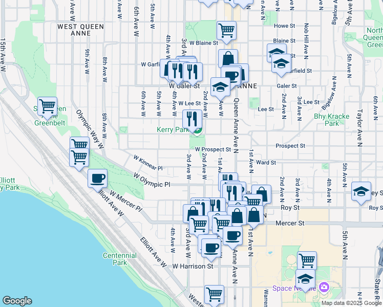 map of restaurants, bars, coffee shops, grocery stores, and more near 308 West Kinnear Place in Seattle