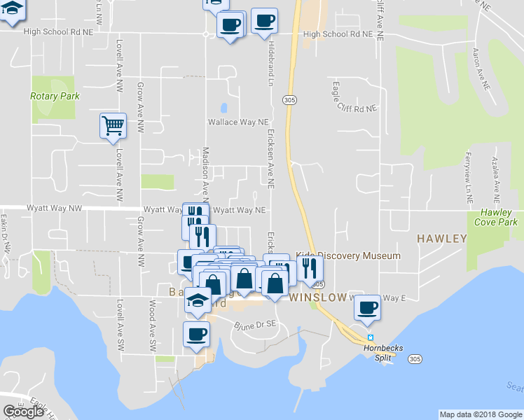 map of restaurants, bars, coffee shops, grocery stores, and more near 364 Wyatt Way Northeast in Bainbridge Island