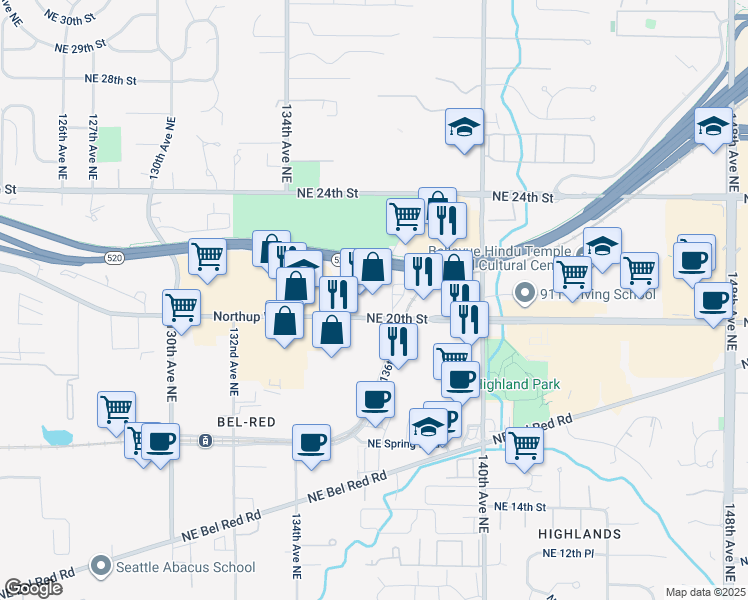 map of restaurants, bars, coffee shops, grocery stores, and more near 13620 Northeast 20th Street in Bellevue