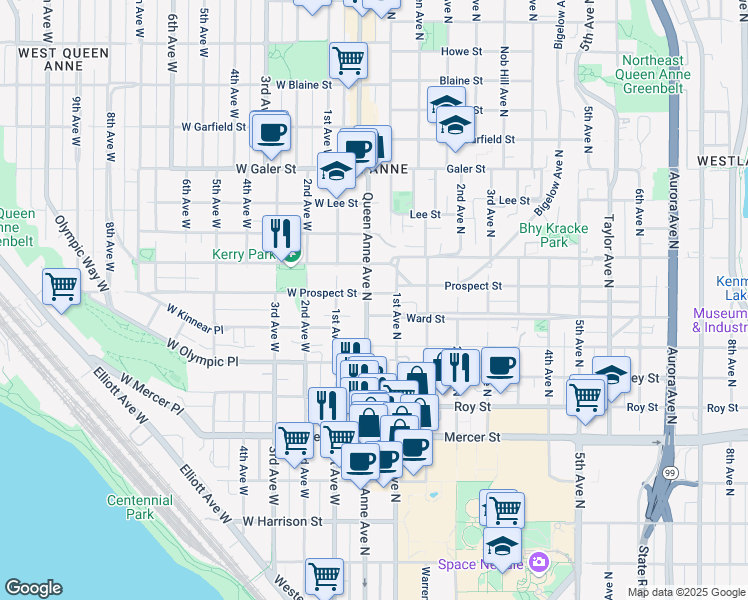 map of restaurants, bars, coffee shops, grocery stores, and more near 1012 Queen Anne Avenue North in Seattle