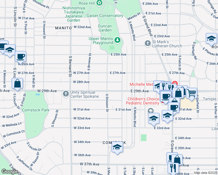 map of restaurants, bars, coffee shops, grocery stores, and more near 8 East 29th Avenue in Spokane
