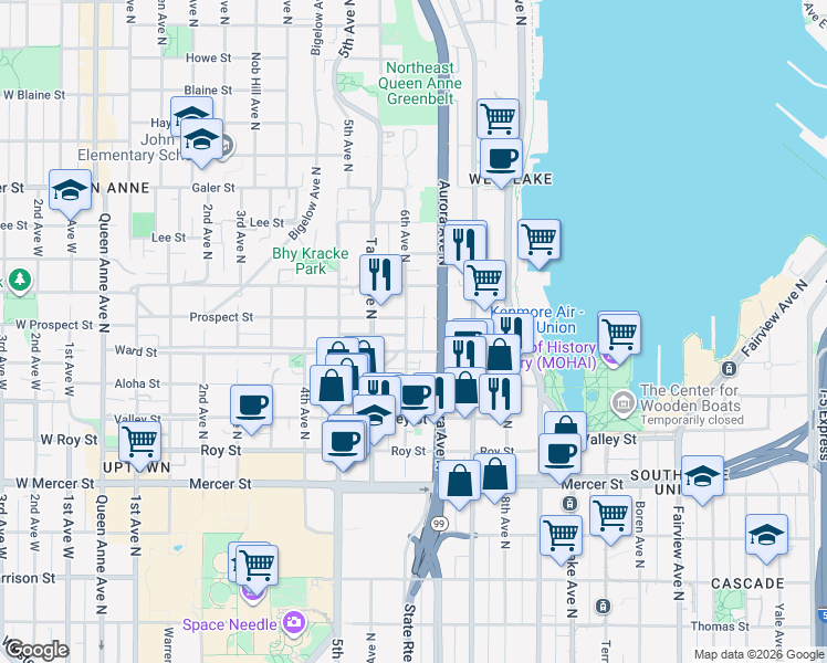 map of restaurants, bars, coffee shops, grocery stores, and more near 1016 6th Avenue North in Seattle