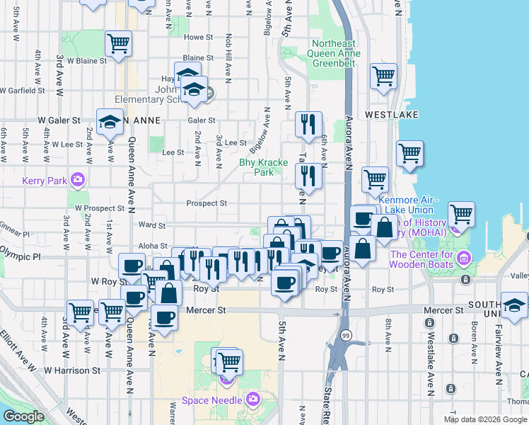 map of restaurants, bars, coffee shops, grocery stores, and more near 1014 4th Avenue North in Seattle