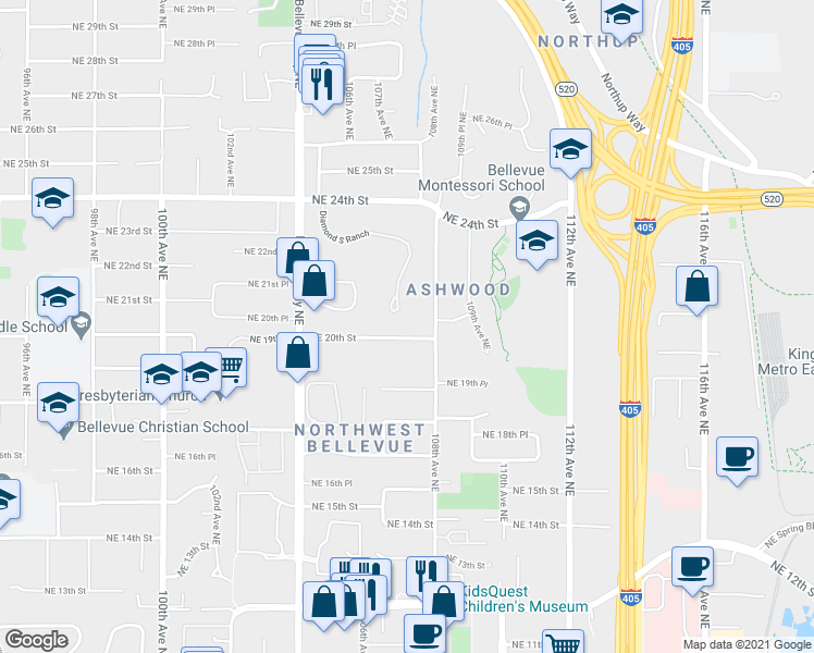map of restaurants, bars, coffee shops, grocery stores, and more near 9 Diamond South Ranch in Bellevue