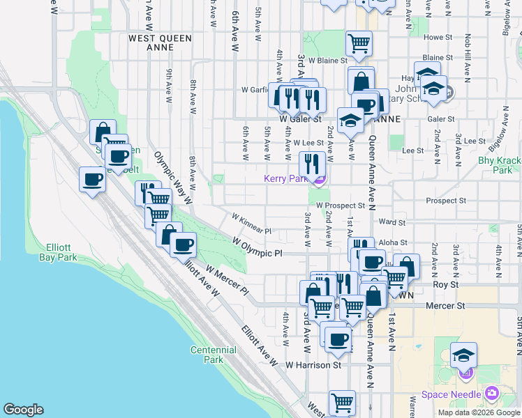 map of restaurants, bars, coffee shops, grocery stores, and more near 503 West Prospect Street in Seattle