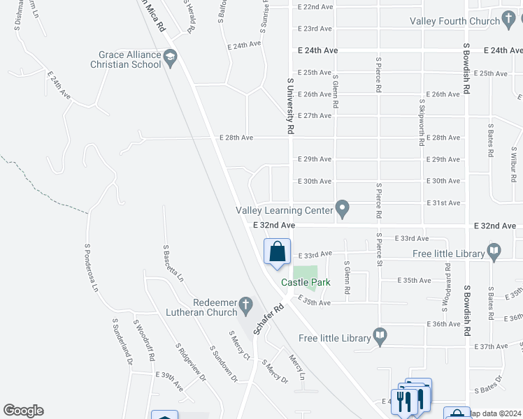 map of restaurants, bars, coffee shops, grocery stores, and more near 3111 South Raymond Circle in Spokane Valley