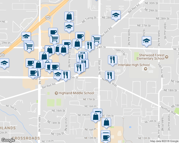 map of restaurants, bars, coffee shops, grocery stores, and more near 15400 Northeast 20th Street in Bellevue