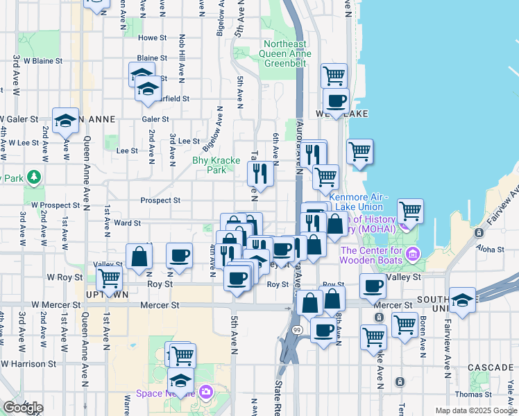 map of restaurants, bars, coffee shops, grocery stores, and more near 553 Ward Street in Seattle