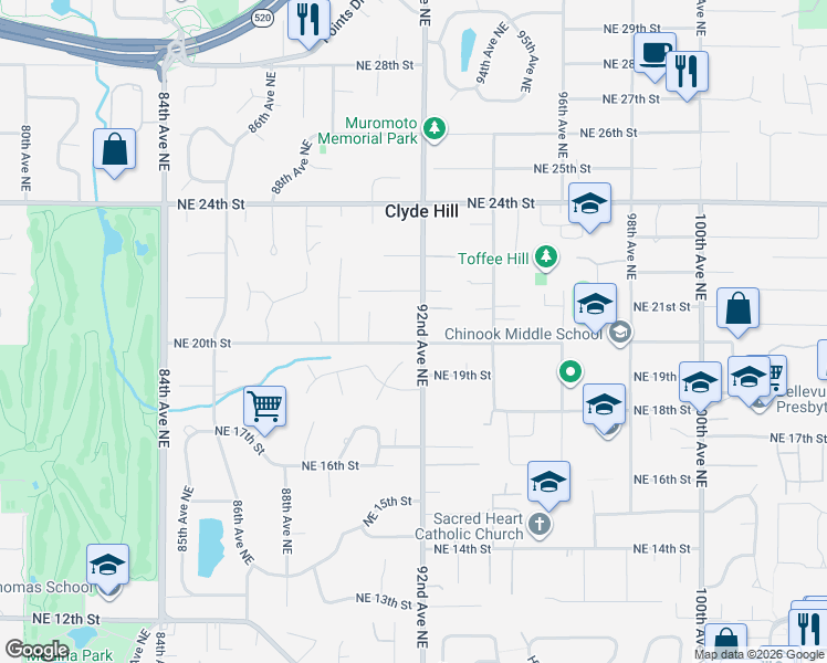 map of restaurants, bars, coffee shops, grocery stores, and more near 2003 92nd Avenue Northeast in Clyde Hill