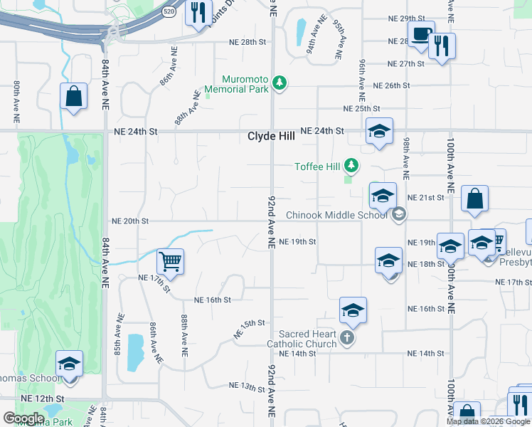 map of restaurants, bars, coffee shops, grocery stores, and more near 2003 92nd Avenue Northeast in Clyde Hill