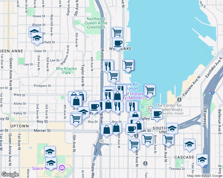 map of restaurants, bars, coffee shops, grocery stores, and more near 1100 Dexter Avenue North in Seattle