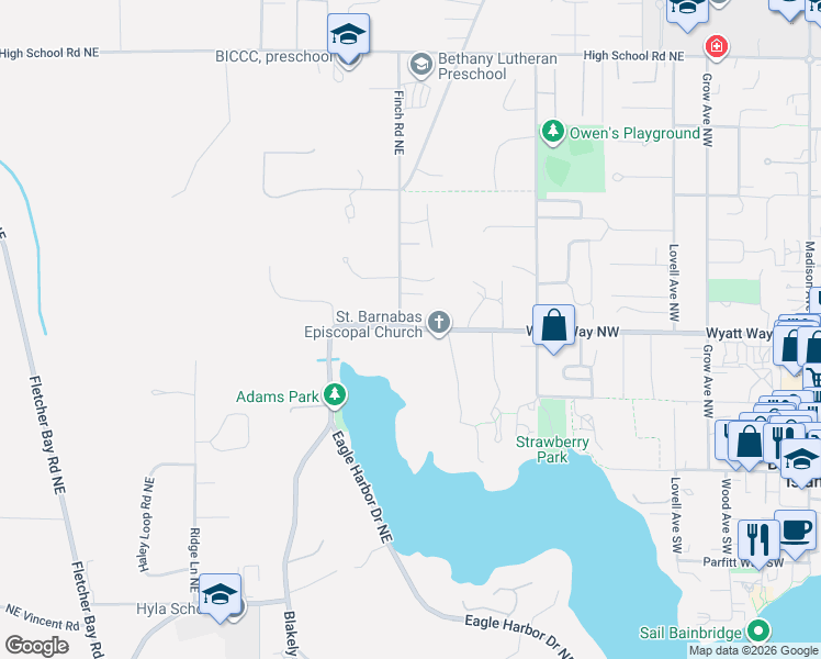 map of restaurants, bars, coffee shops, grocery stores, and more near 1117 Wyatt Way Northwest in Bainbridge Island