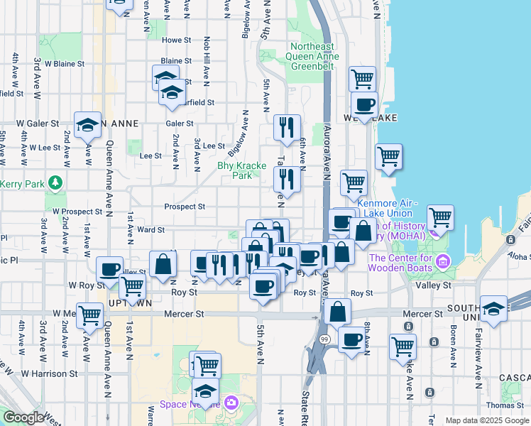map of restaurants, bars, coffee shops, grocery stores, and more near 1000 5th Avenue North in Seattle