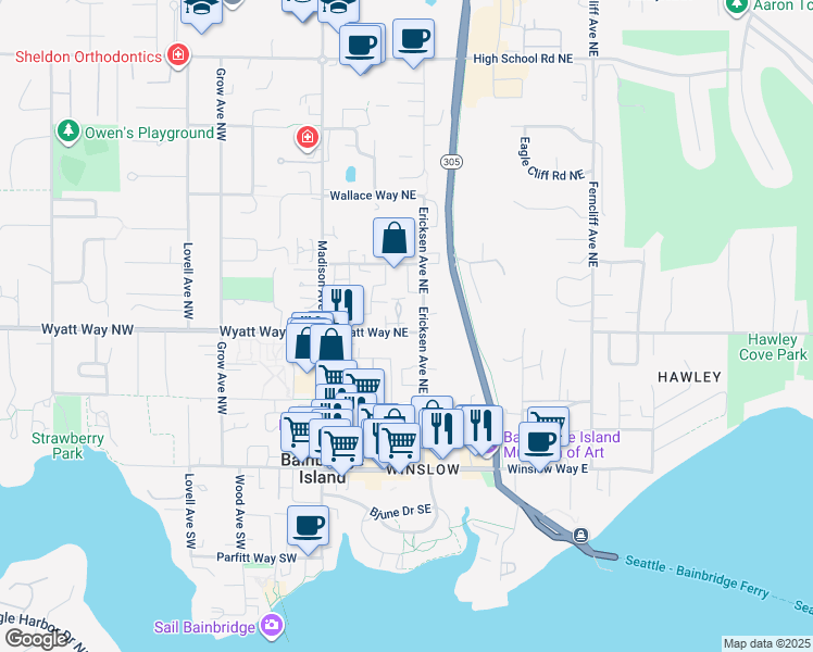 map of restaurants, bars, coffee shops, grocery stores, and more near 364 Wyatt Way Northeast in Bainbridge Island