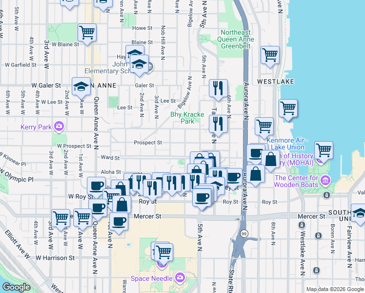 map of restaurants, bars, coffee shops, grocery stores, and more near 60 4th Avenue North in Seattle