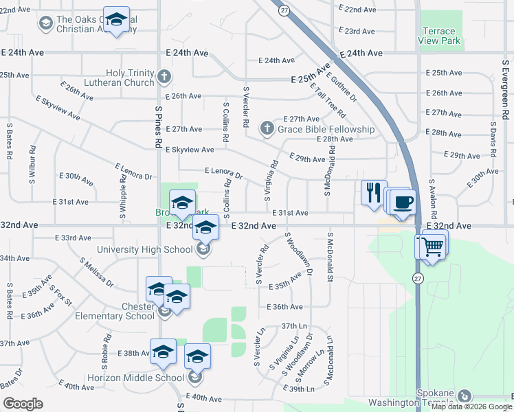 map of restaurants, bars, coffee shops, grocery stores, and more near 12704 East 31st Avenue in Spokane Valley