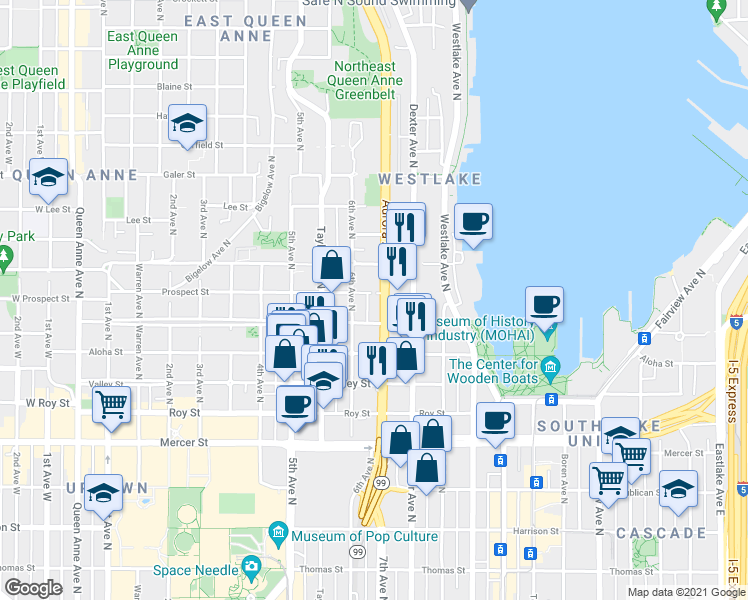 map of restaurants, bars, coffee shops, grocery stores, and more near 610 Ward Street in Seattle