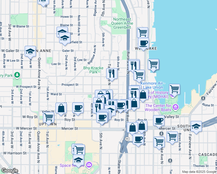 map of restaurants, bars, coffee shops, grocery stores, and more near 553 Ward Street in Seattle