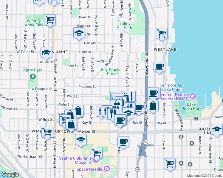 map of restaurants, bars, coffee shops, grocery stores, and more near 60 4th Avenue North in Seattle