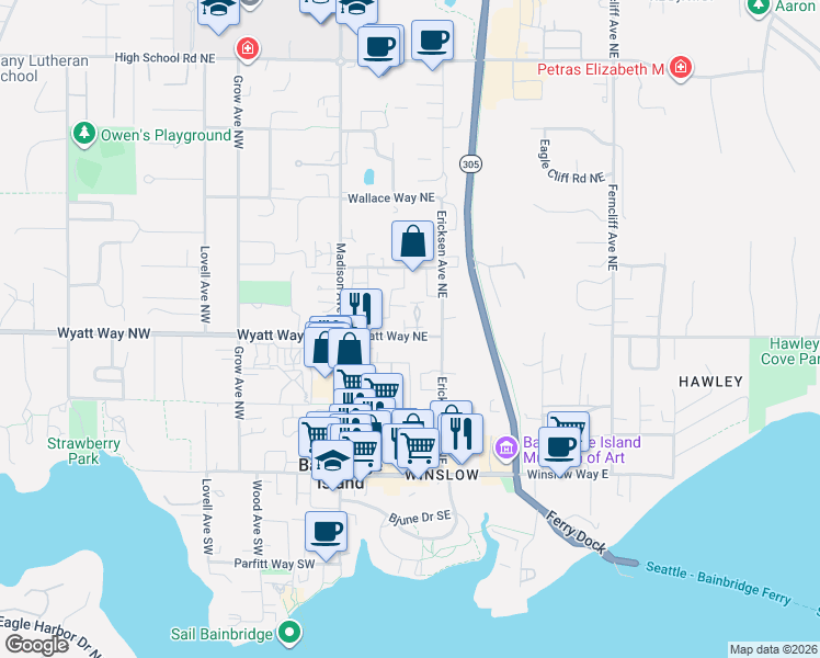 map of restaurants, bars, coffee shops, grocery stores, and more near 508 Madrona Way Northeast in Bainbridge Island