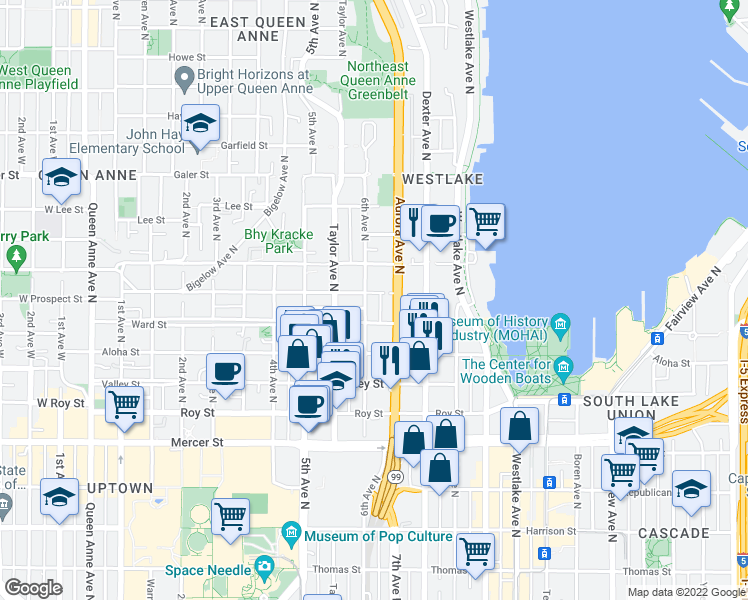 map of restaurants, bars, coffee shops, grocery stores, and more near 610 Ward Street in Seattle