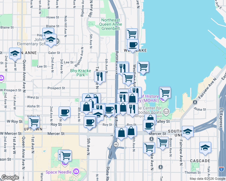 map of restaurants, bars, coffee shops, grocery stores, and more near 619 Prospect Street in Seattle