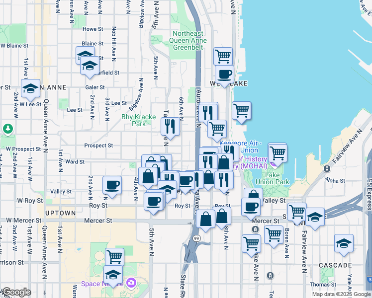 map of restaurants, bars, coffee shops, grocery stores, and more near 610 Ward Street in Seattle