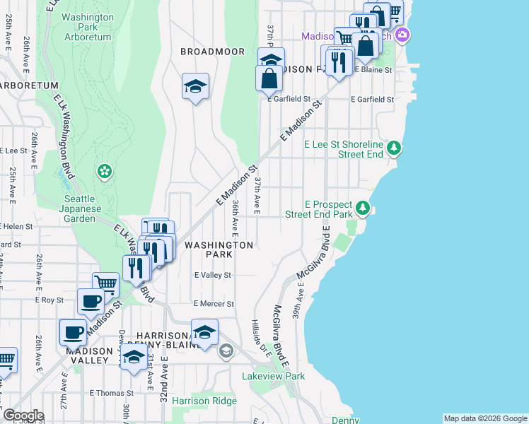 map of restaurants, bars, coffee shops, grocery stores, and more near 1127 38th Avenue East in Seattle