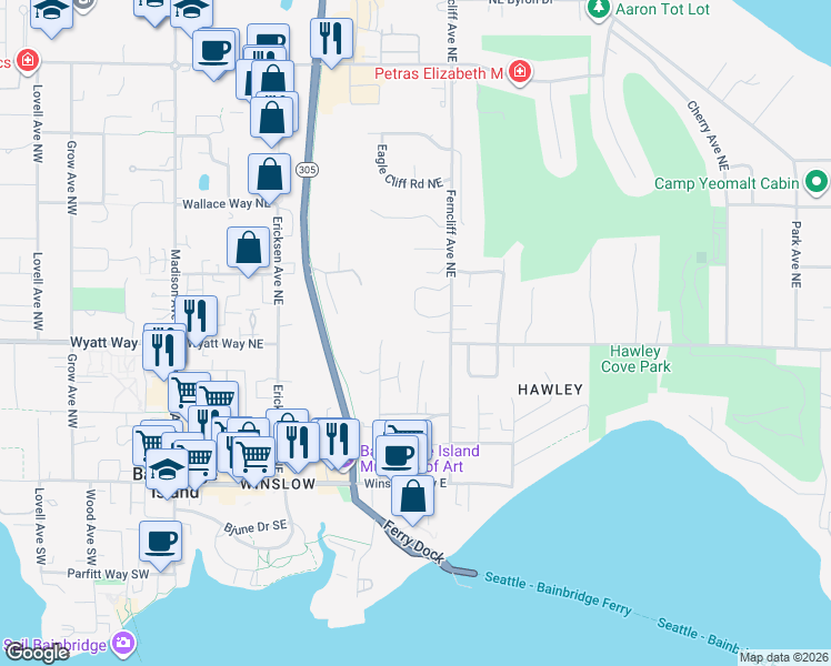 map of restaurants, bars, coffee shops, grocery stores, and more near 826 Curtis Loop Northeast in Bainbridge Island