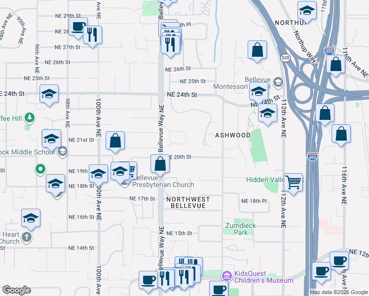 map of restaurants, bars, coffee shops, grocery stores, and more near 10529 Northeast 20th Place in Bellevue