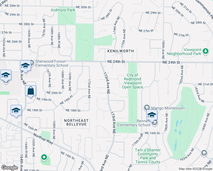 map of restaurants, bars, coffee shops, grocery stores, and more near 17218 Northeast 22nd Court in Redmond