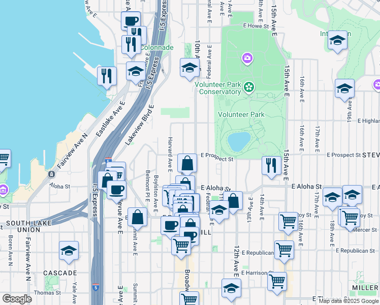 map of restaurants, bars, coffee shops, grocery stores, and more near 1127 10th Avenue East in Seattle