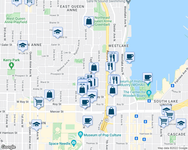 map of restaurants, bars, coffee shops, grocery stores, and more near in Seattle