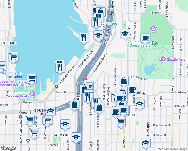 map of restaurants, bars, coffee shops, grocery stores, and more near 1048 Lakeview Boulevard East in Seattle