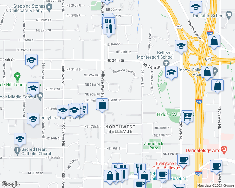 map of restaurants, bars, coffee shops, grocery stores, and more near 10529 Northeast 20th Place in Bellevue