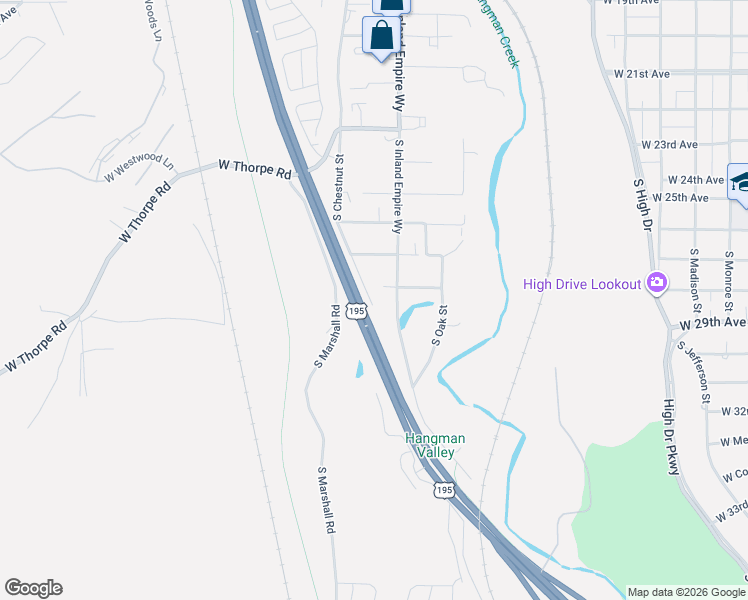 map of restaurants, bars, coffee shops, grocery stores, and more near 2716 South Inland Empire Way in Spokane