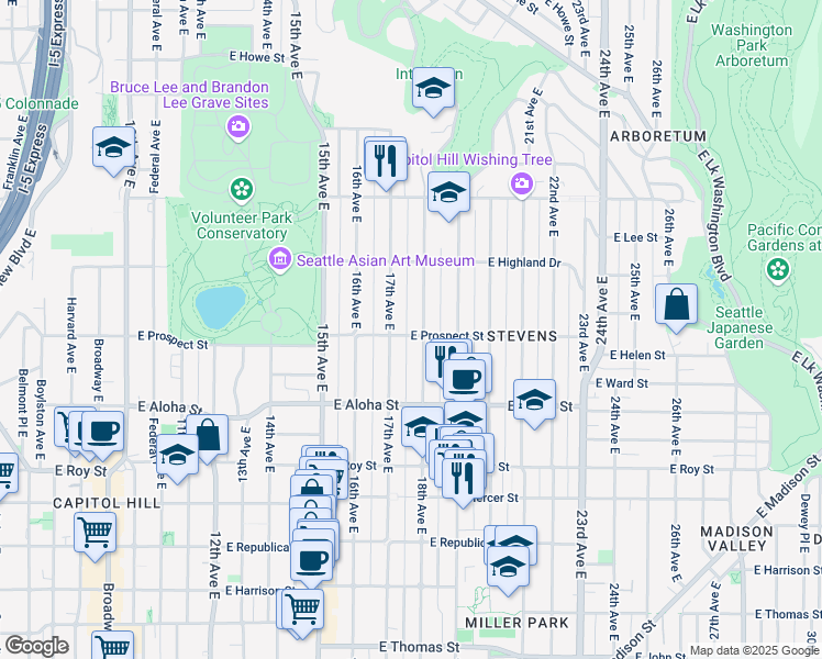 map of restaurants, bars, coffee shops, grocery stores, and more near 1714 East Prospect Street in Seattle
