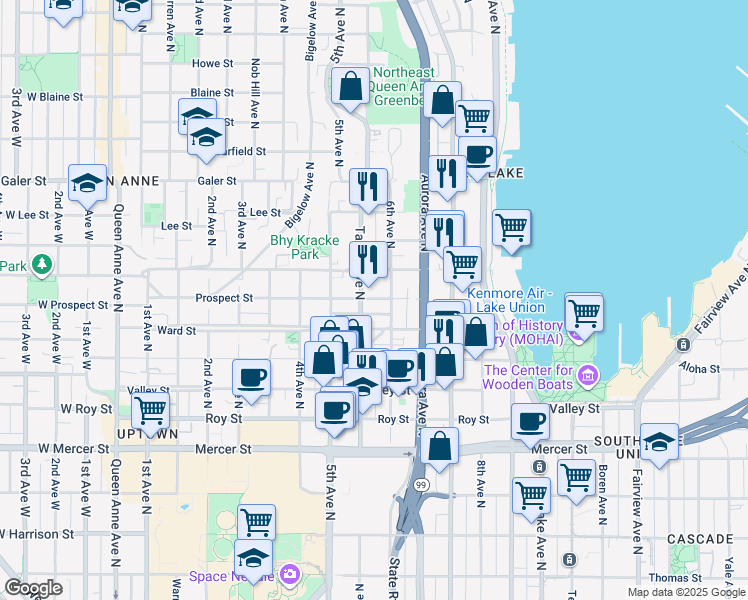 map of restaurants, bars, coffee shops, grocery stores, and more near in Seattle