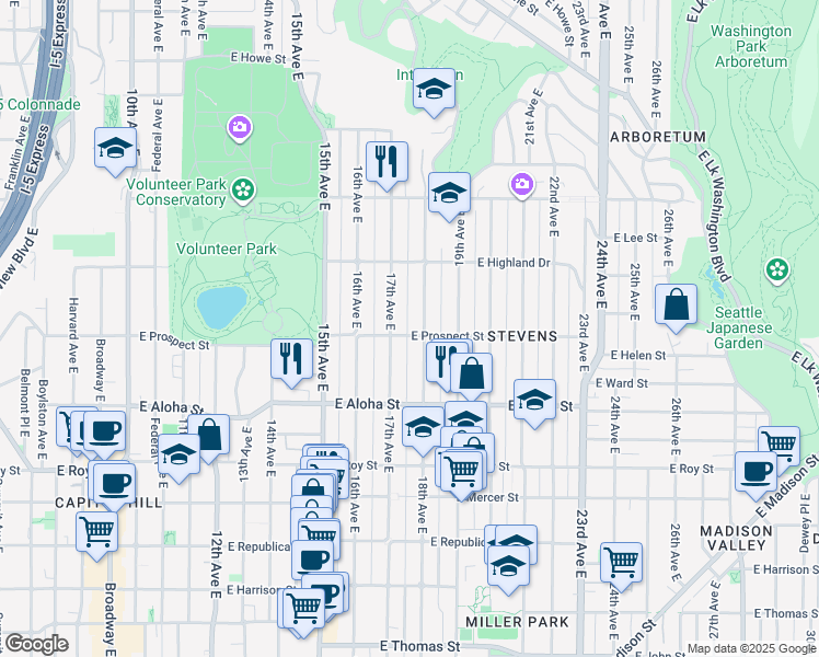 map of restaurants, bars, coffee shops, grocery stores, and more near 1714 East Prospect Street in Seattle